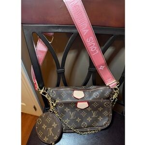 3 pc. Monogram Fashion Crossbody Bag w/ Pink Strap